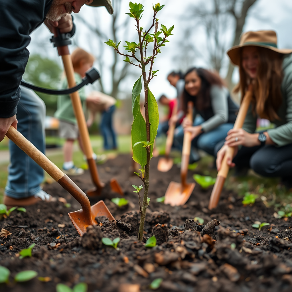 Volunteers planting native tree saplings in South Fayette community park, with shovels and young trees visible, environmental conservation in action