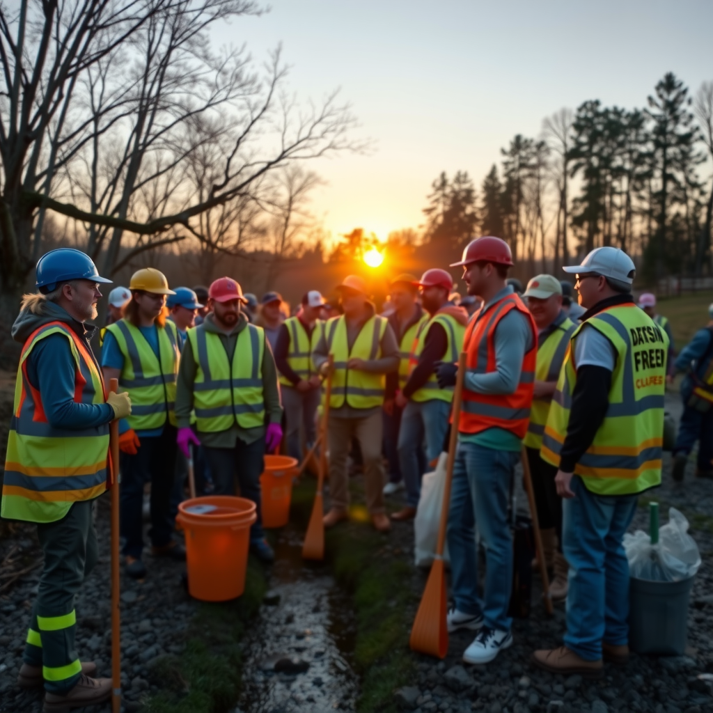 Large group of volunteers gathering at sunrise along a stream bank with cleanup equipment, wearing bright safety vests and gloves, ready to begin the watershed cleanup event