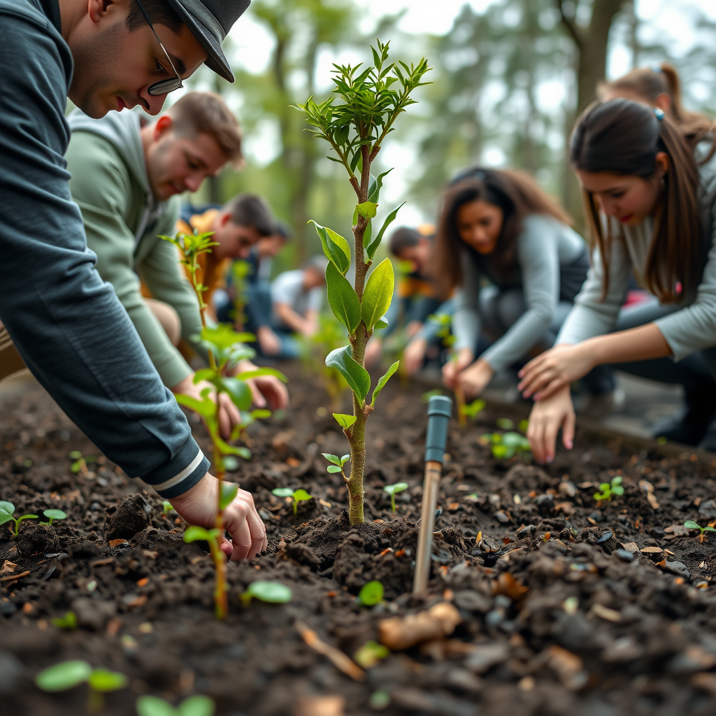 Volunteers planting young saplings in a community park, with diverse tree species including oak, maple, and pine seedlings being carefully placed in prepared soil, showing community members working together in an organized reforestation effort