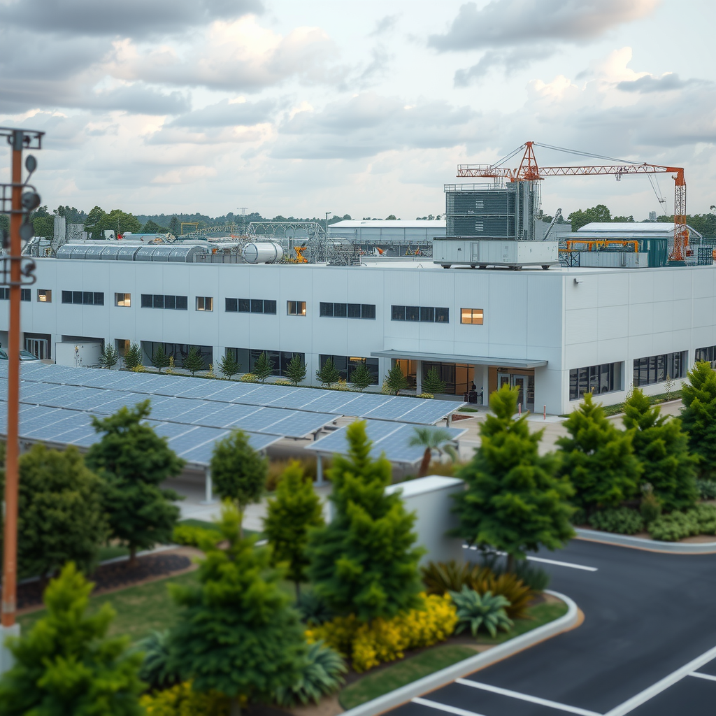 Modern manufacturing facility with solar panels on roof and green landscaping, representing sustainable industrial practices and environmental partnership