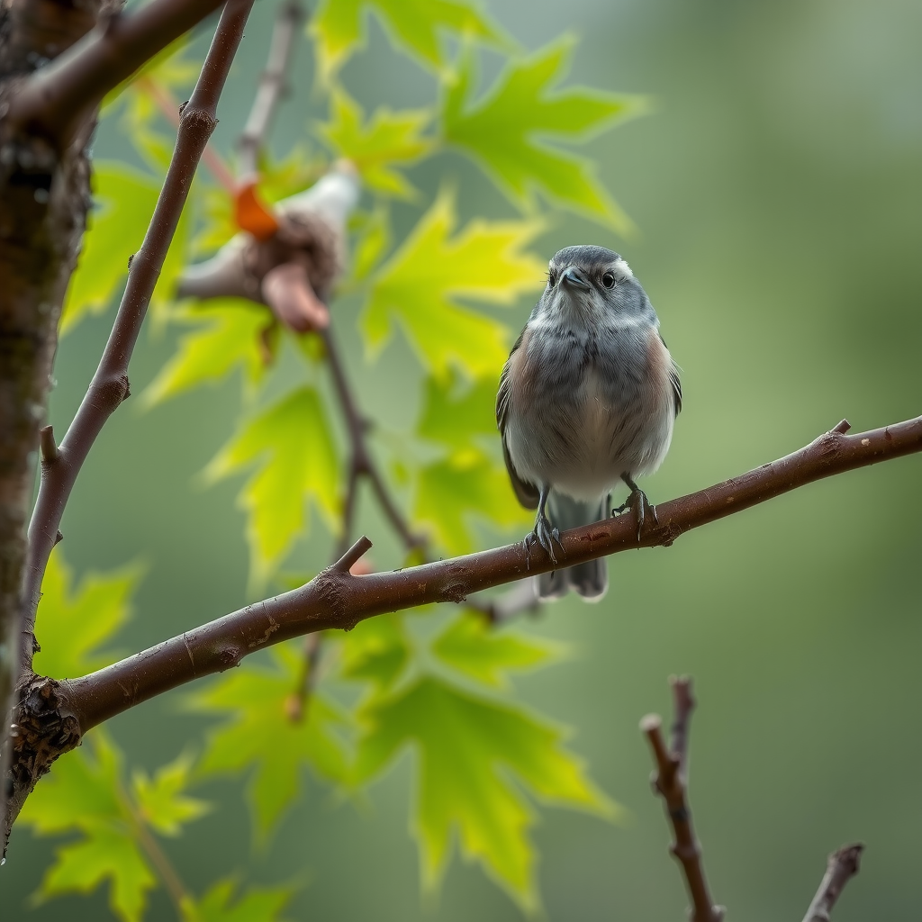 Small songbird perched on branch of young maple tree with nest visible, green leaves in background, demonstrating wildlife habitat creation from reforestation efforts