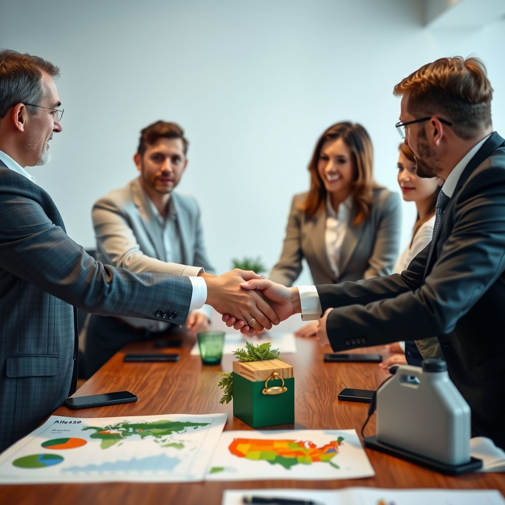Business executives and conservation group leaders shaking hands and signing partnership documents at conference table with sustainability charts and environmental reports visible