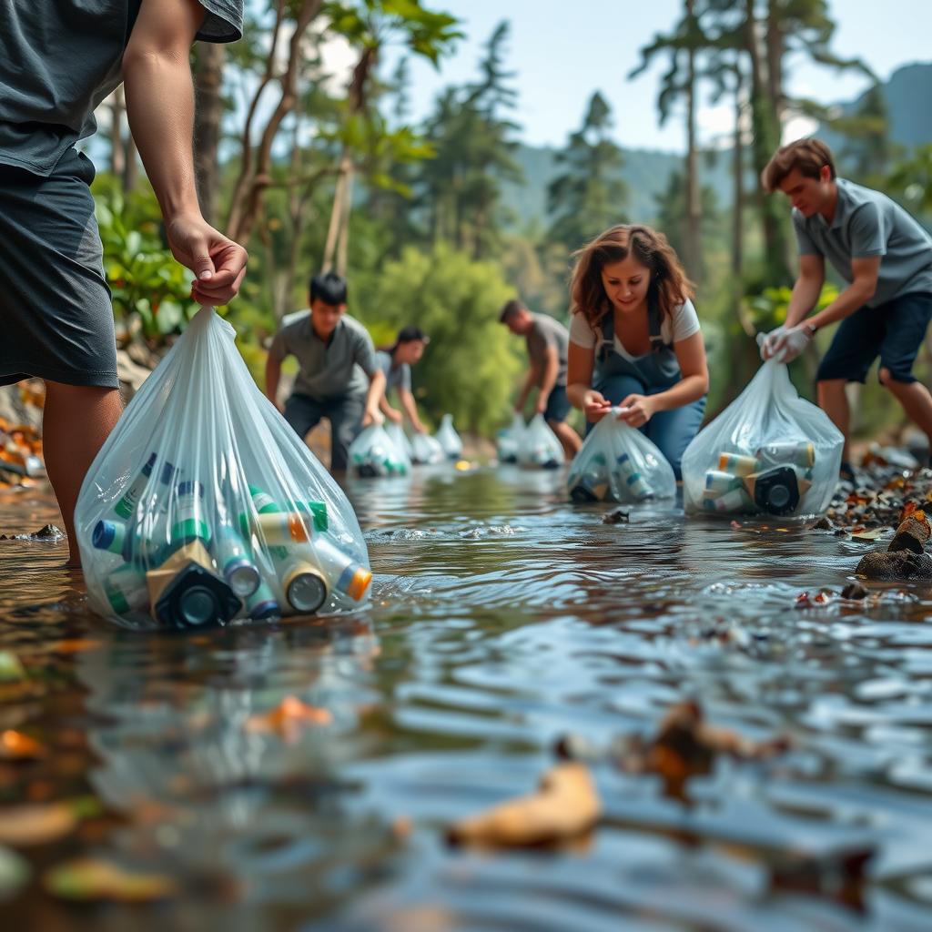 Volunteers wading through shallow stream water collecting plastic bottles and debris, with filled trash bags on the bank and natural forest scenery in background
