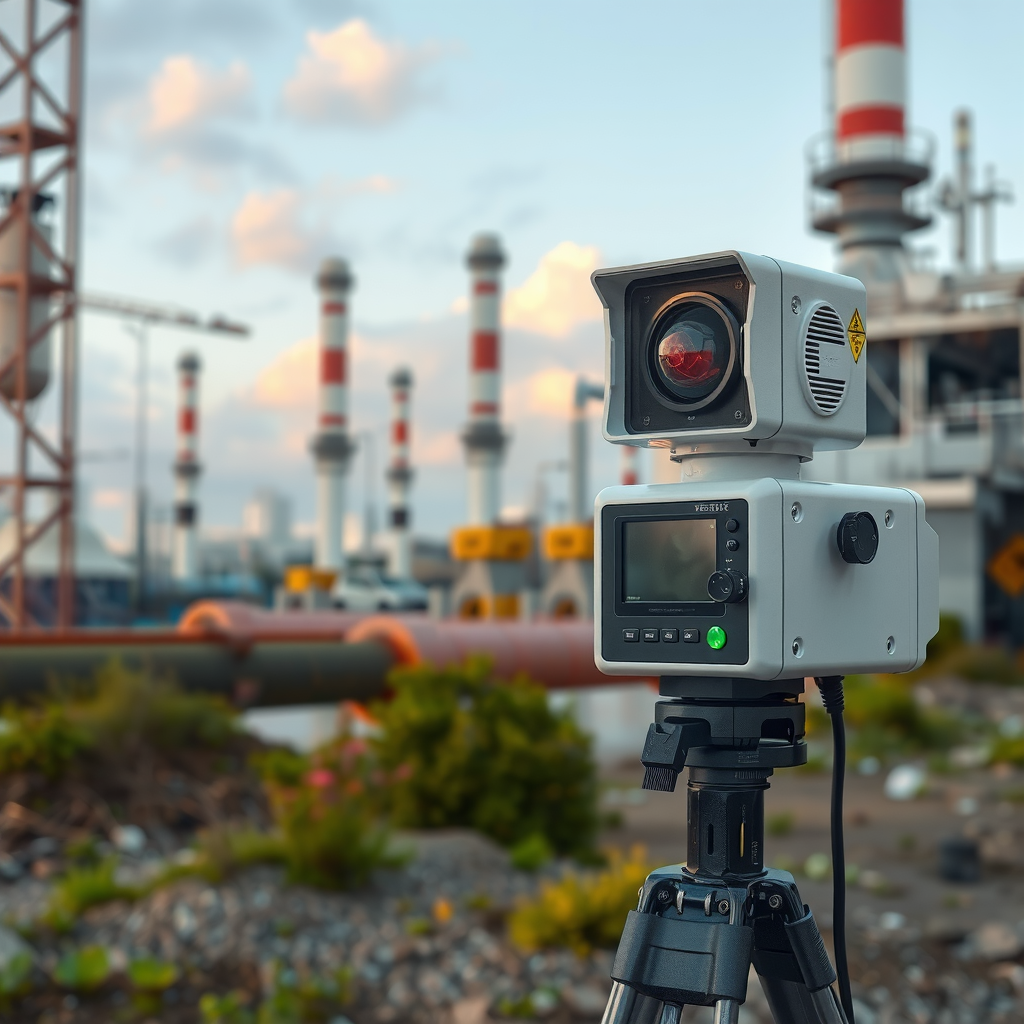 Advanced environmental monitoring equipment measuring air and water quality near industrial site, demonstrating commitment to industry environmental conservation and data-driven decision making