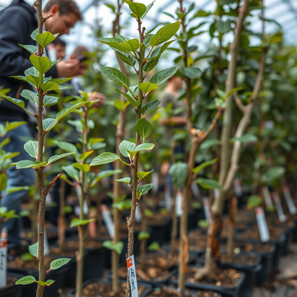 Row of young tree saplings of different species with identification tags, showing variety of leaf shapes and bark textures, nursery setting with volunteers examining trees