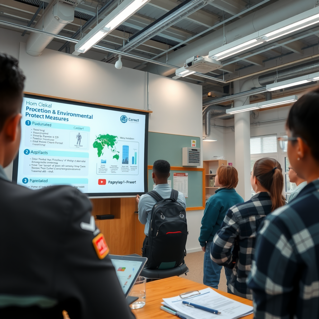 Classroom presentation showing industrial facility with environmental protection measures, students viewing educational display about pollution prevention, air quality monitoring, and water treatment systems, professional educational materials