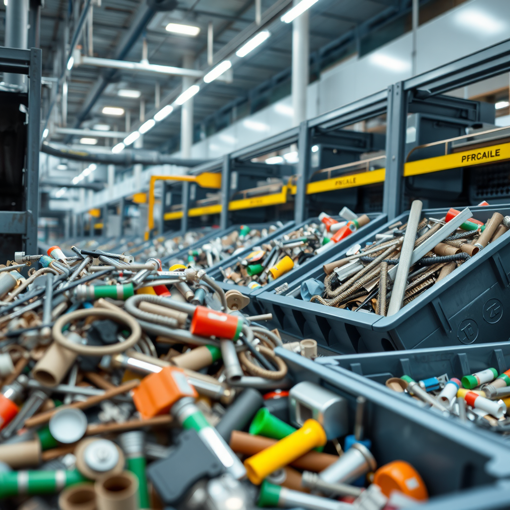 Advanced material recovery system showing sorted metals, plastics, and other recyclable materials in organized bins with automated sorting equipment in a clean industrial setting
