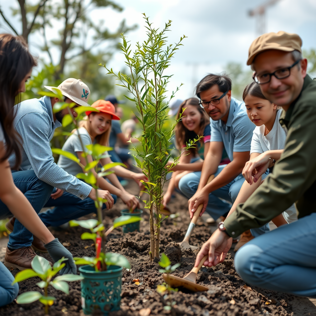Diverse group of community volunteers and industry representatives planting native trees along restored waterway, exemplifying public charity mission and collaborative conservation efforts