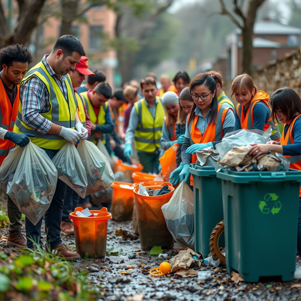Large group of volunteers wearing gloves and safety vests collecting trash and recyclables along a stream bank, with filled garbage bags and recycling bins visible, showing community members of all ages working together to clean local waterways