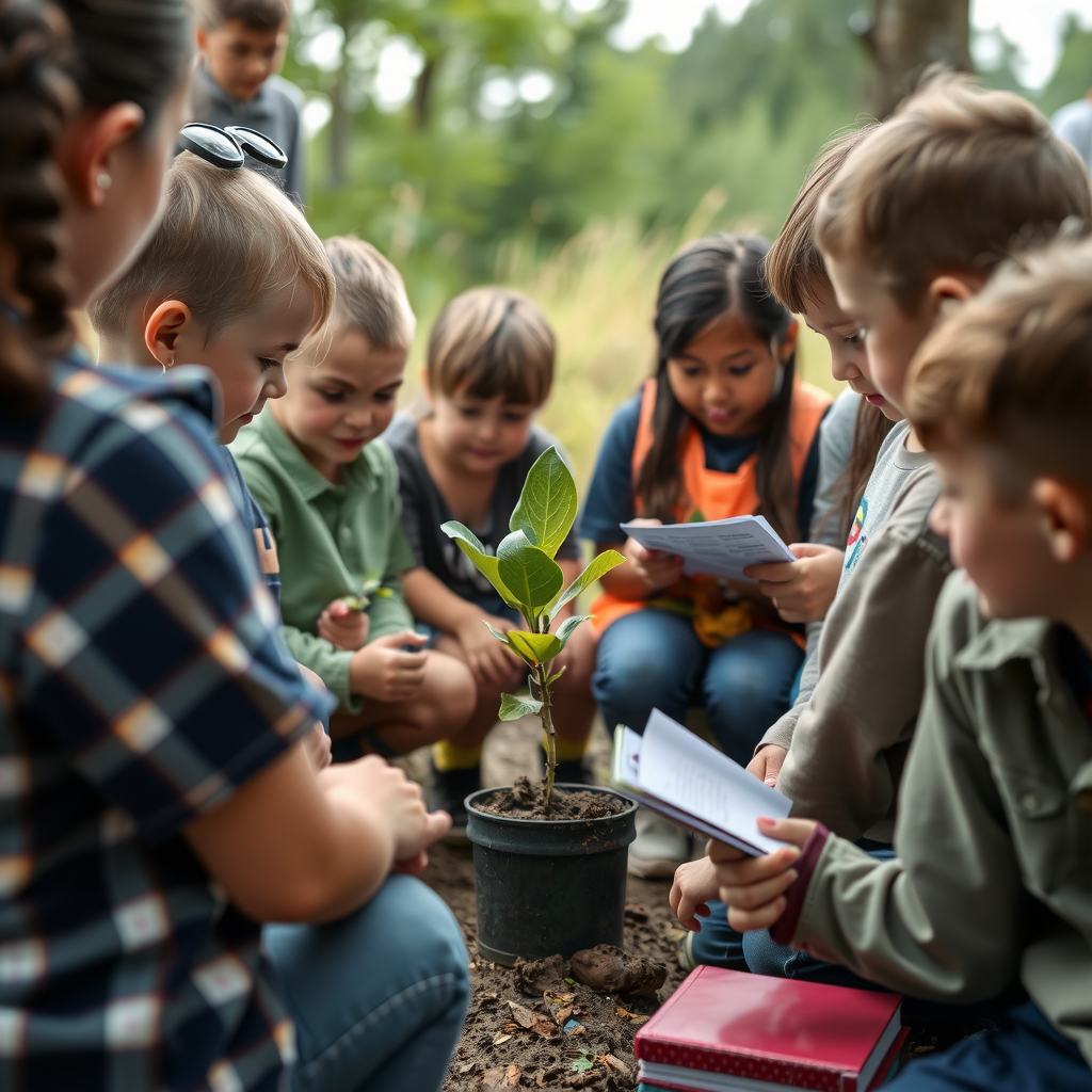 Elementary school children in a circle around conservation educator who is showing them tree seedling, outdoor classroom setting, children holding small plants and taking notes