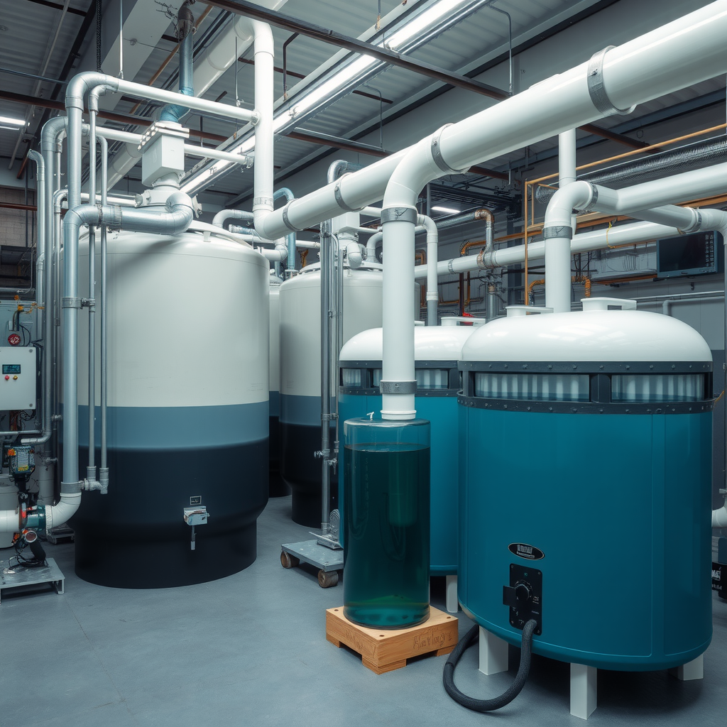 Industrial water treatment and recycling facility with large filtration tanks, pipes, control panels, and monitoring equipment showing clean water flowing through transparent sections