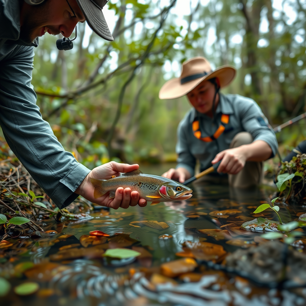 Wildlife biologist examining a stream habitat with native fish visible in clear water, surrounded by healthy riparian vegetation after cleanup