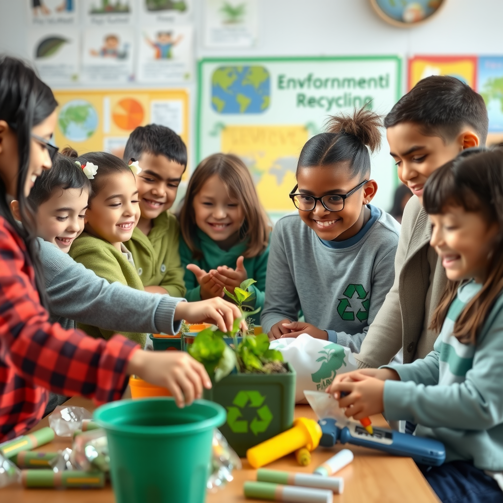 Diverse group of elementary students enthusiastically participating in environmental activity, smiling children working together on recycling sorting project, bright classroom environment with educational posters about conservation