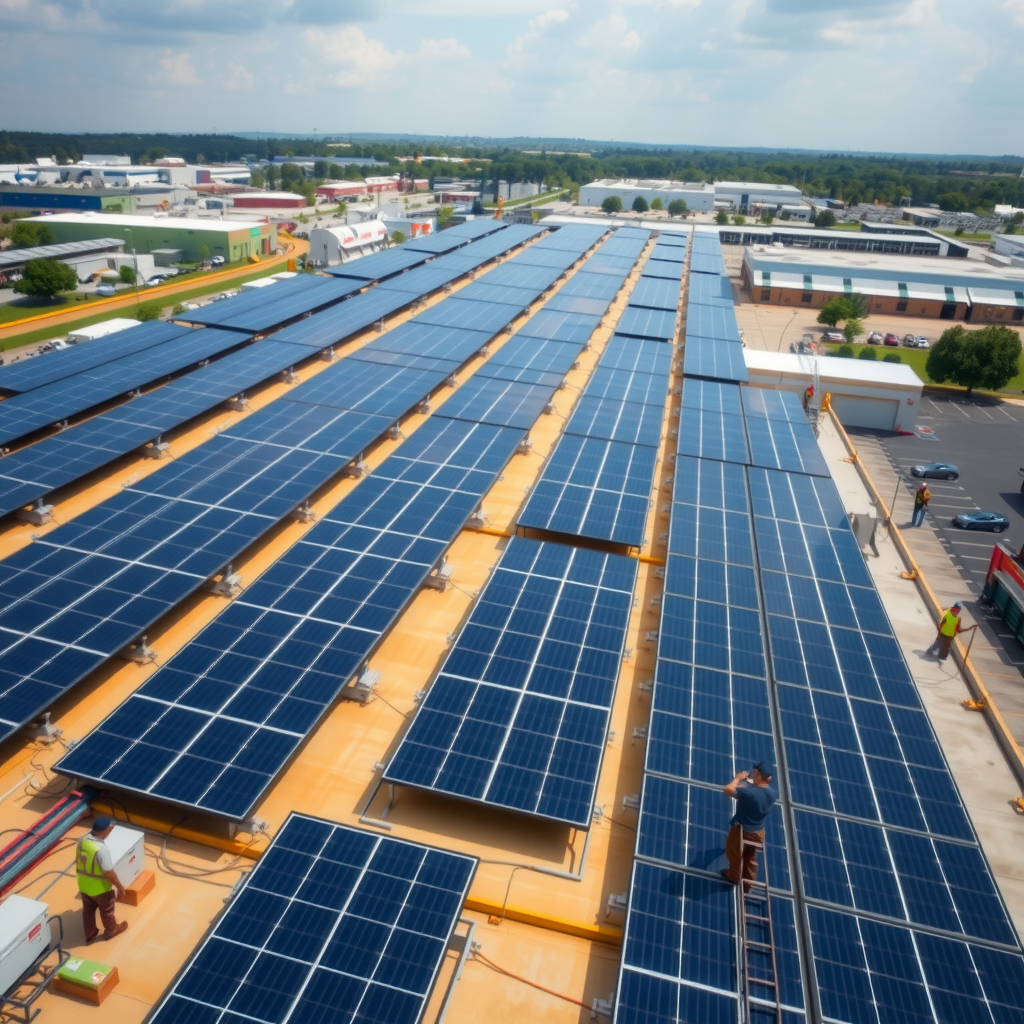 Expansive solar panel array installed on a large warehouse roof, with workers performing maintenance, showing the scale of commercial solar installations with surrounding industrial park visible