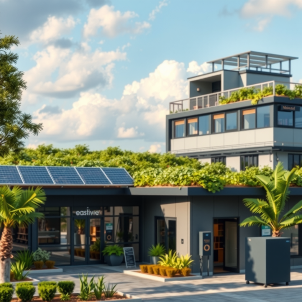 Business facility with solar panels, green roof, and sustainable infrastructure showcasing environmental conservation and profitable operations