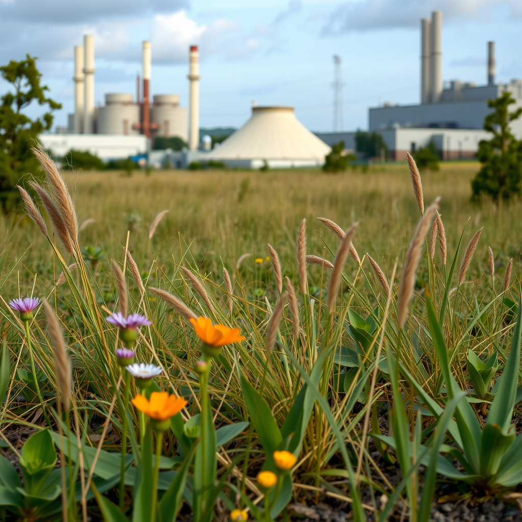 Restored natural habitat area with native wildflowers, grasses, and young trees, with industrial buildings visible in background, showing integration of nature and industry