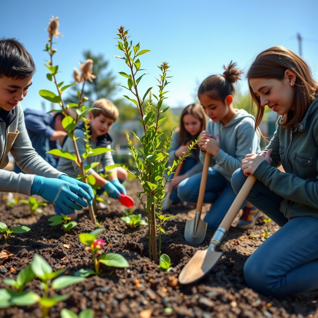 Group of middle school students planting native trees and shrubs in school garden, students wearing gloves and using gardening tools, educator supervising, sunny day with clear blue sky, hopeful and engaged young people