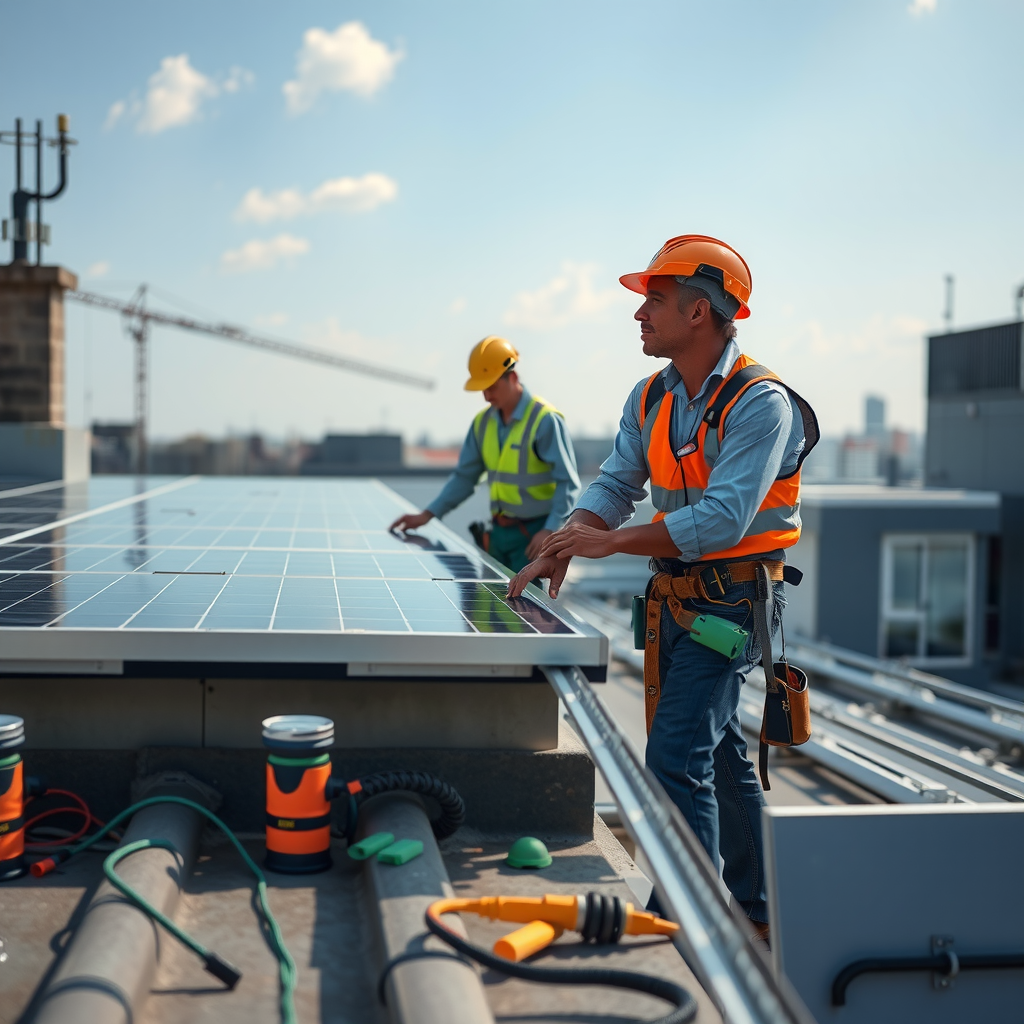 Professional installation team working on a commercial building rooftop, installing solar panels with safety equipment, showing the technical expertise and safety protocols of modern solar installation