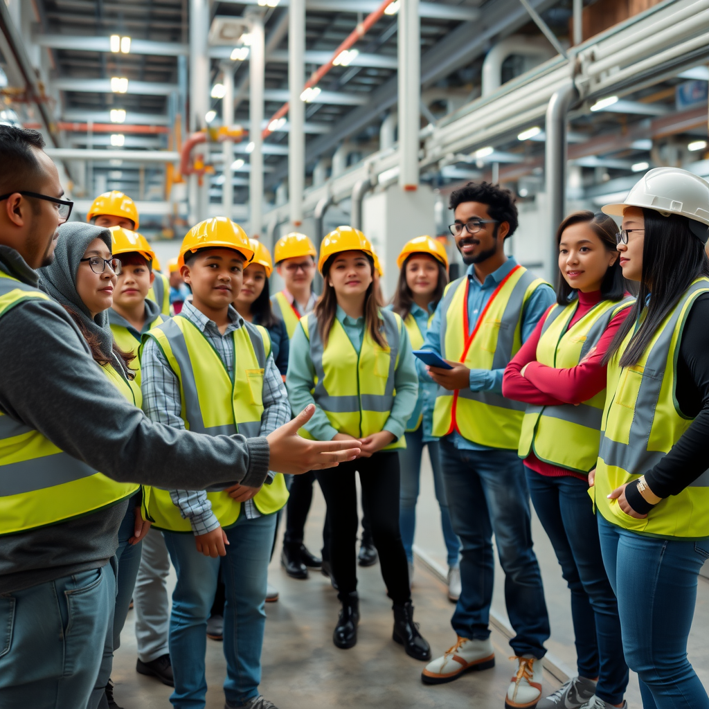 Group of diverse students and teachers on industrial facility tour, wearing safety equipment, with guide explaining sustainability features and renewable energy systems