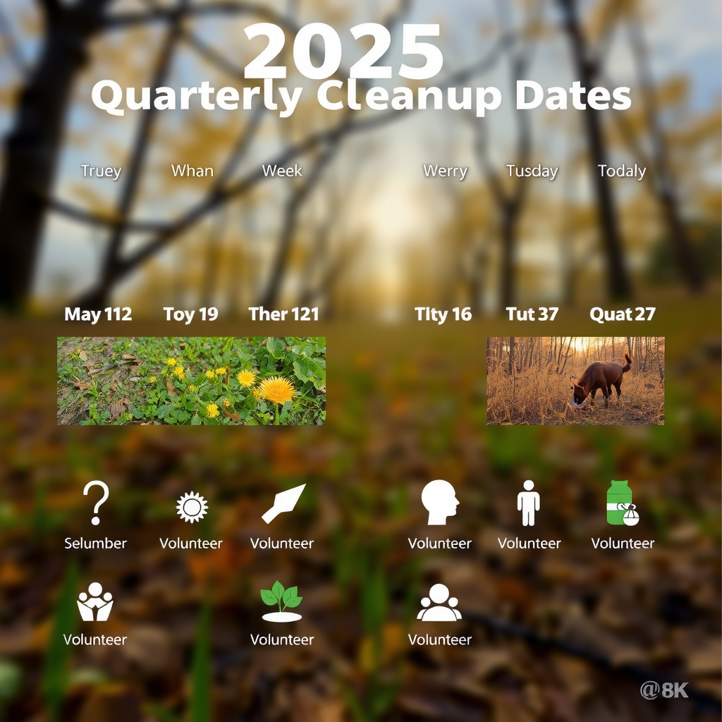 Calendar graphic showing 2025 quarterly cleanup dates with seasonal nature imagery and volunteer icons for each quarter