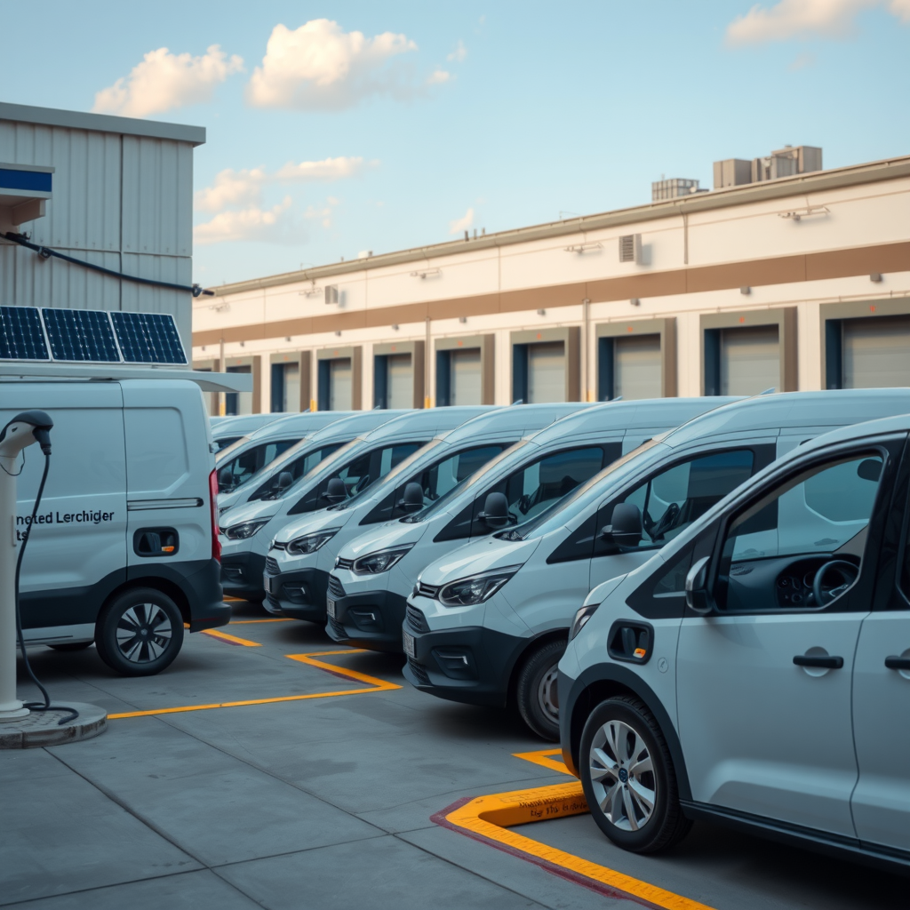 Fleet of modern electric delivery vehicles charging at a state-of-the-art distribution center, with solar panels visible on the building roof and organized loading docks in the background