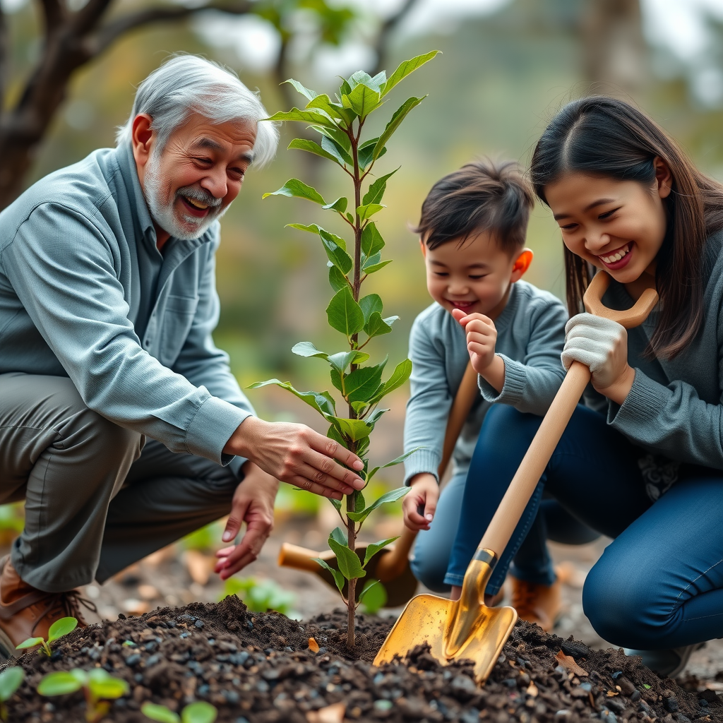 Three generations of family planting tree together - grandparent, parent, and young child all holding shovel, smiling and working together, representing legacy of environmental stewardship