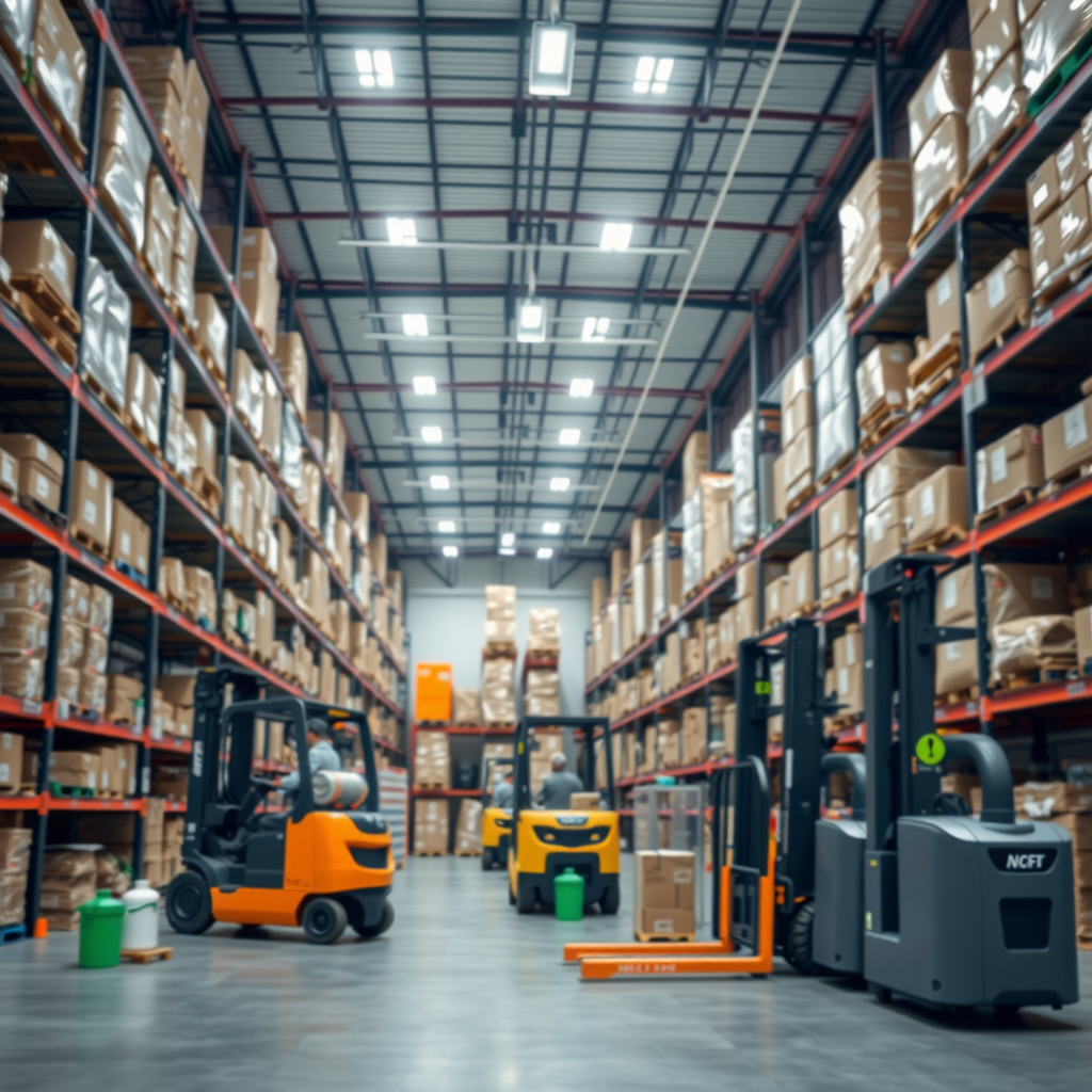 Modern warehouse interior with bright LED lighting, organized inventory systems, electric forklifts, and visible sustainability features including recycling stations and energy-efficient design elements