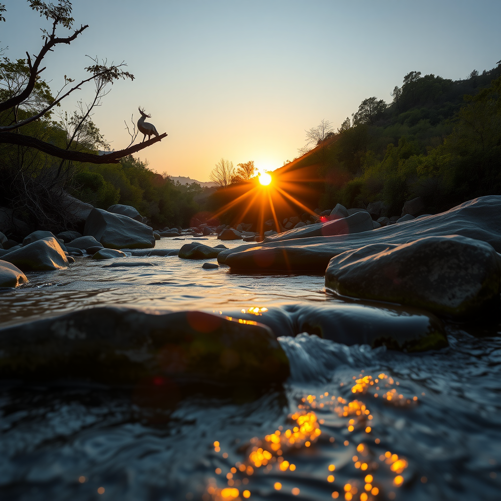 Beautiful sunset over pristine stream with clear water flowing over rocks, surrounded by lush vegetation and wildlife, representing the goal of conservation efforts